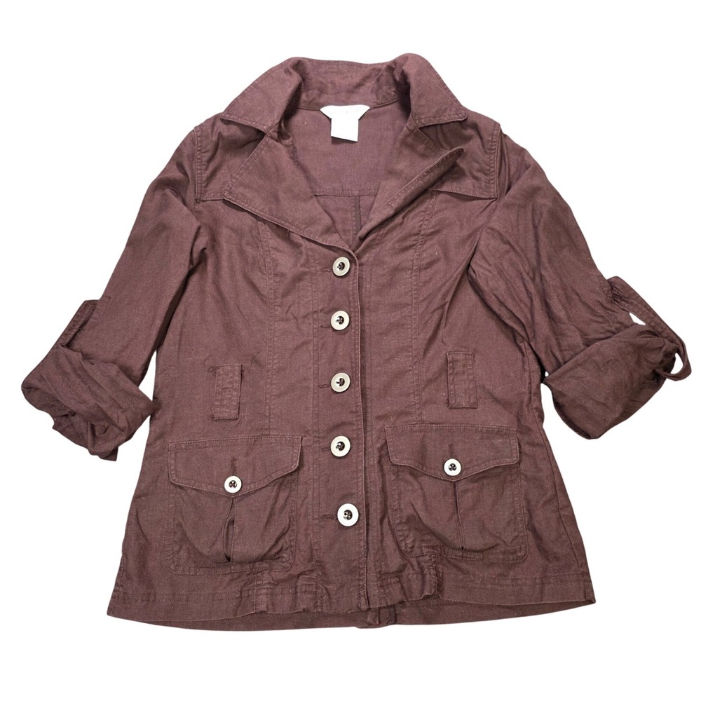 George Linen Cotton Utility Shirt Jacket Women's Size 8 Brown Safari Jacket